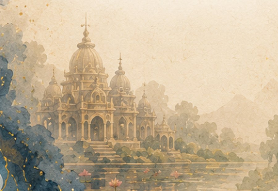 Watercolour painting of a domed heritage temple on the bank of a still river
