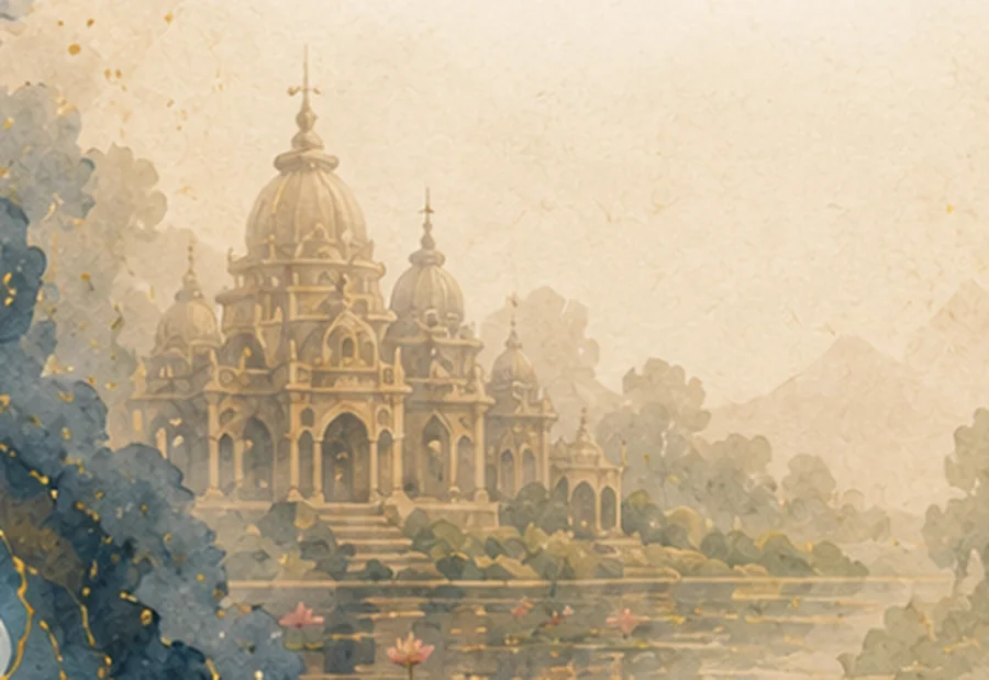 Watercolour painting of a domed heritage temple on the bank of a still river